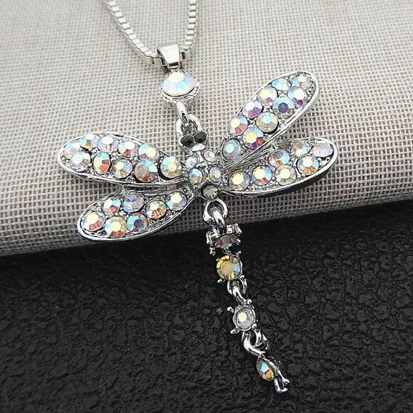 Rhinestone AB Crystal Dragonfly Pendant Sweater Necklace NWOT - Picture 2 of 3